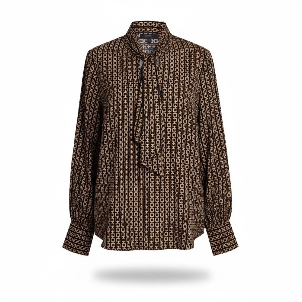 Who What Wear  long-sleeve blouse black chain print, tie detail  buttoned cuffs